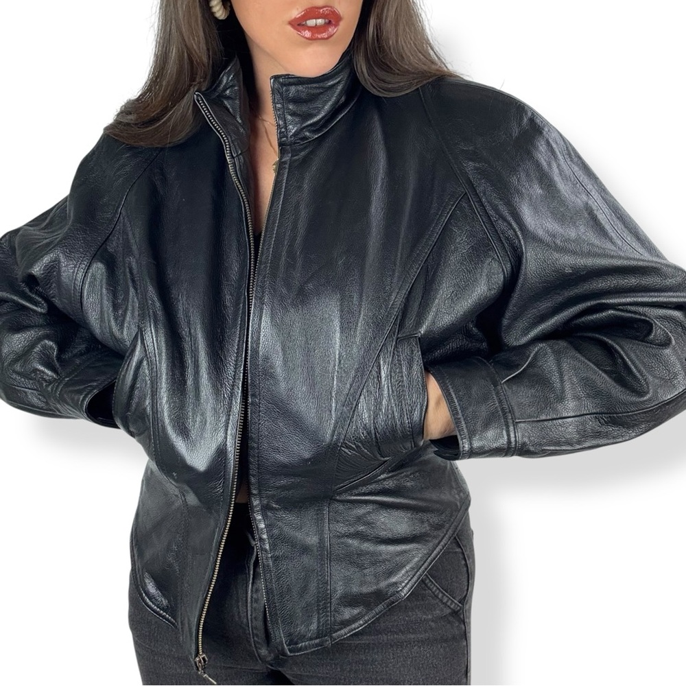 Vintage WILSONS LEATHER black batwing cropped corset motorcycle leather jacket - Picture 15 of 16